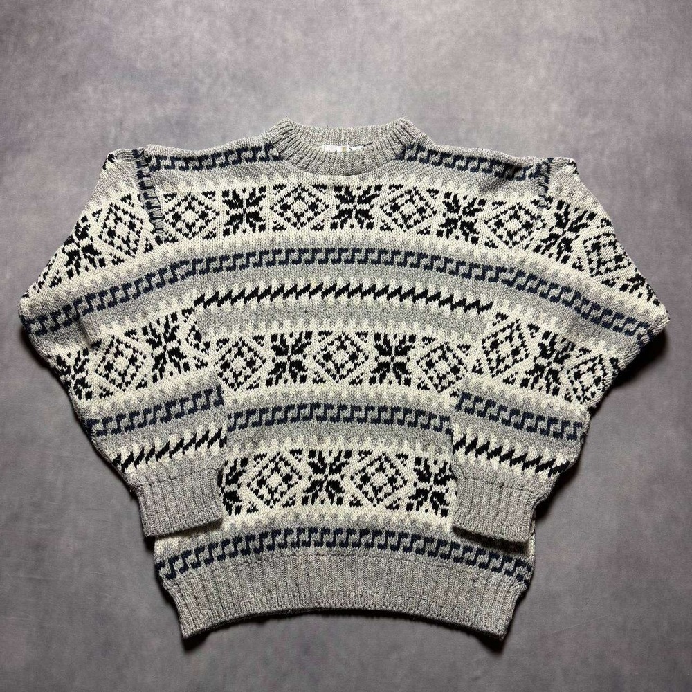 Vintage Fair Isle Sweater Mens XL Grey Navy 90s Knit Gorpcore Excellent